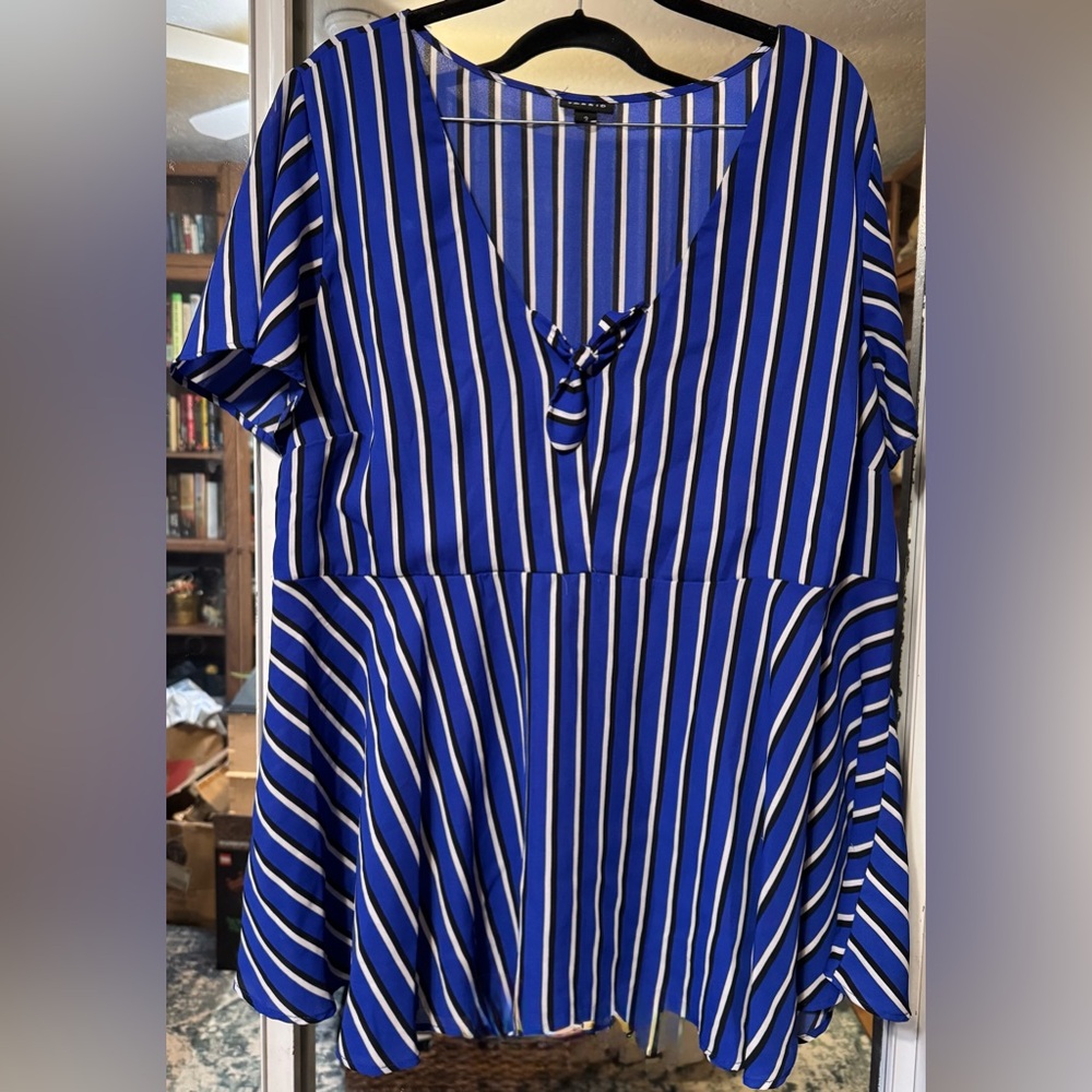 Blue Black and White Striped Women's Top